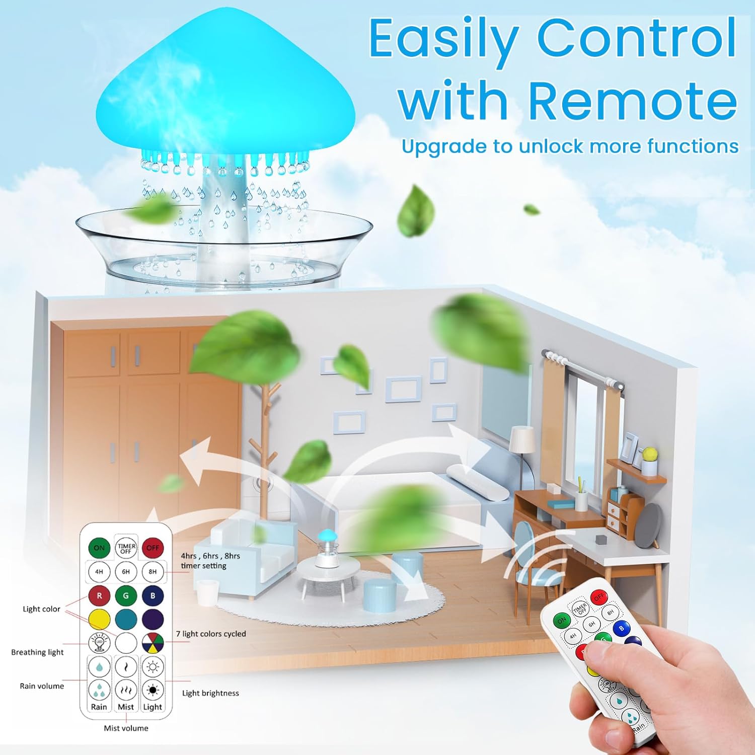 Diffuserlove Rain Cloud Humidifier Water Drip Humidifier with Remote Waterfall Lamp